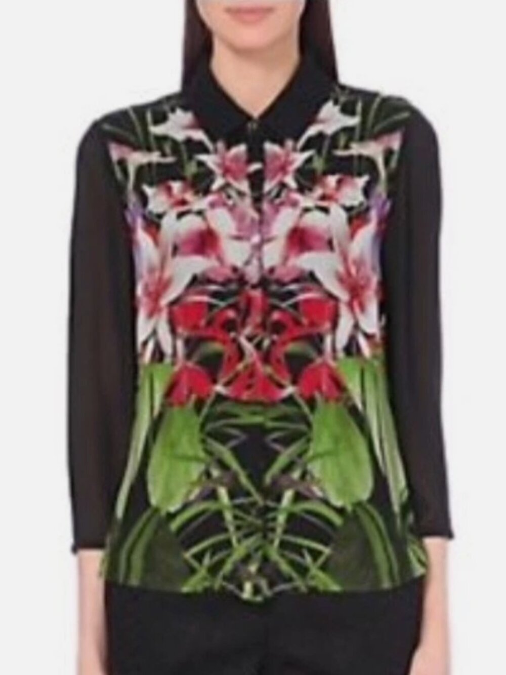 NWT TED BAKER London Floral Print Black Sheer Button-Front Top Size 3